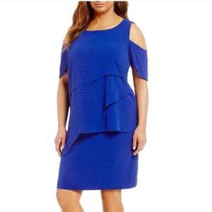 Tahari ASL Cold Shoulder Tiered Dress Womens 18 Royal Blue Plus Layered Cobalt